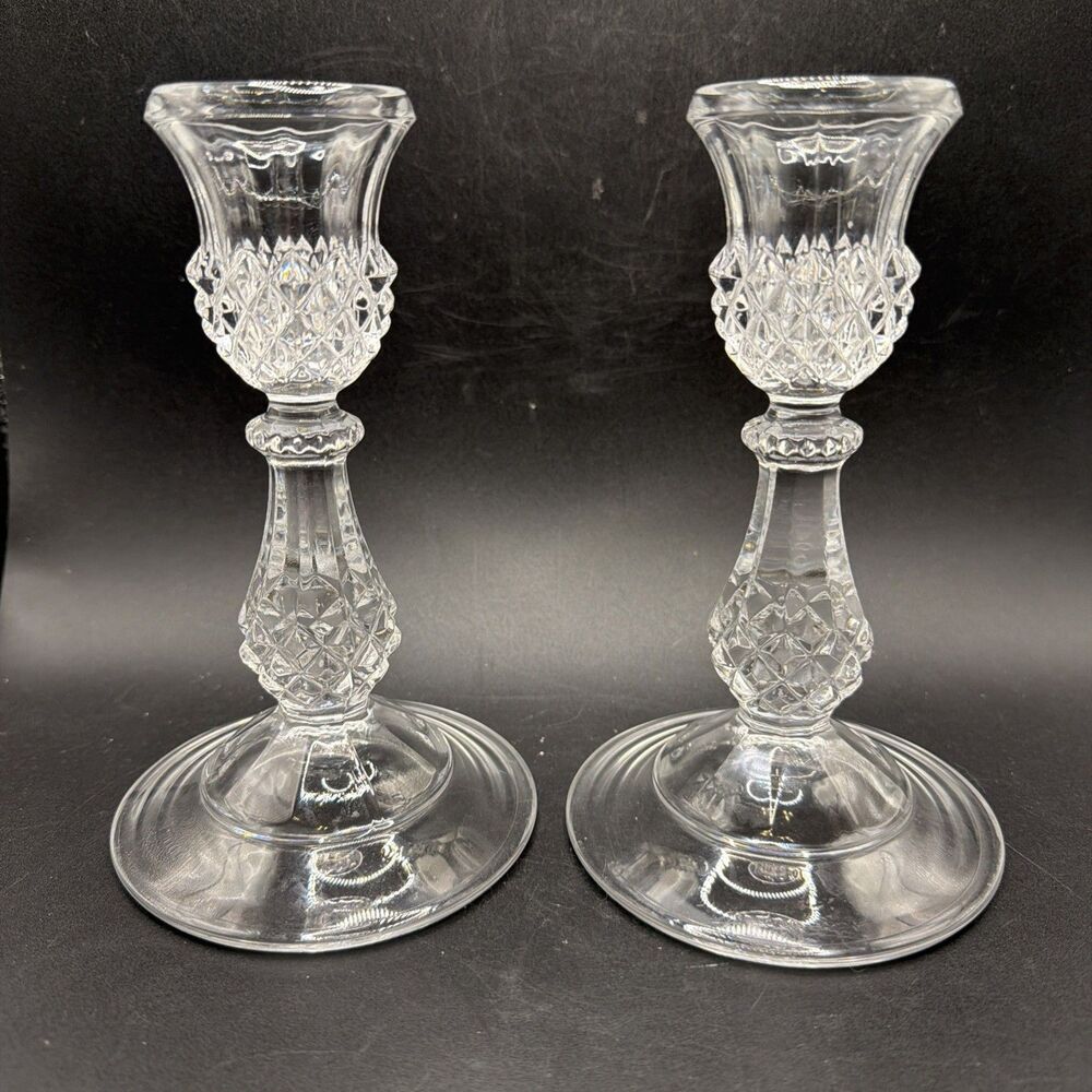 ELEGANT CRYSTAL CANDLE STICK HOLDERS~DIAMOND POINT STYLE~6.75 IN.